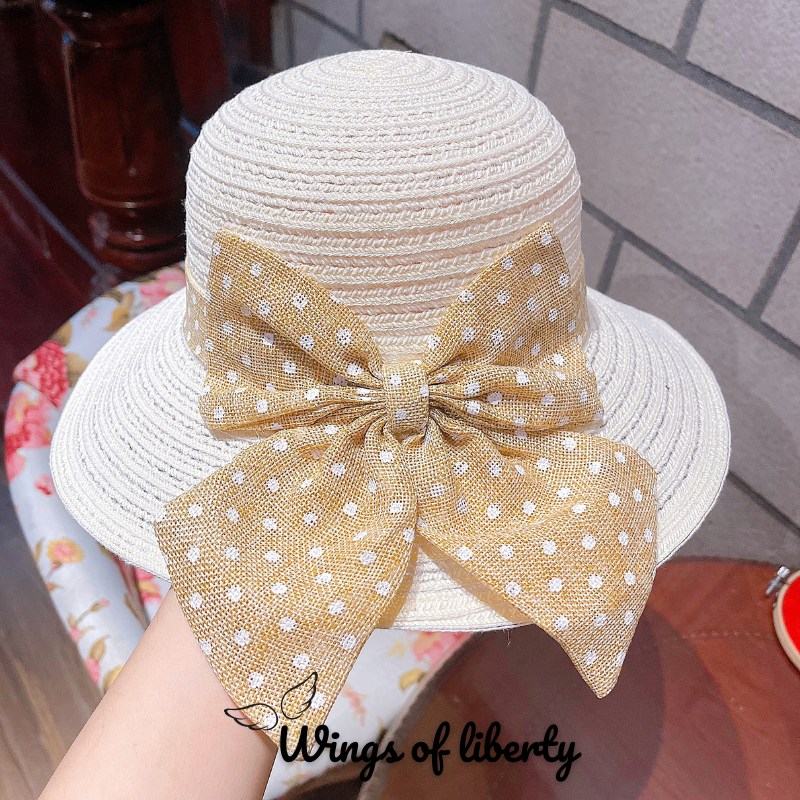 Mũ Cói Mềm Vành Tròn Có Gắn Nơ Wings07