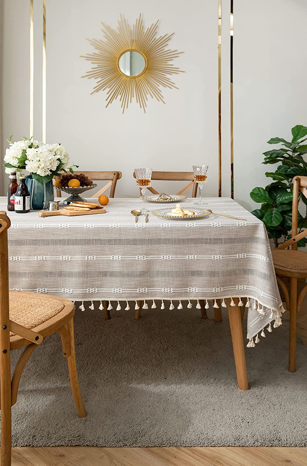 Simple Retro Country Style Solid Color Tablecloth White Embroidered Hollowed-out Polyester-cotton Tassel Tablecloth 140x360cm4/6/8 Seats Rectangular Large-size Tablecloth Used for Dust-proof Cover Cloth of Coffee Table Home Appliances Desks and Sofas.