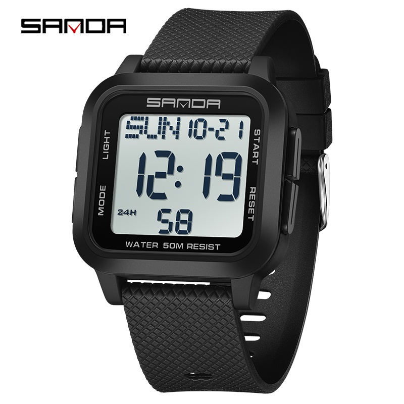 Sanda Square Solid Color Watch Retro Trendy Night Light Waterproof Electronic Men's Watch SD2194-4.