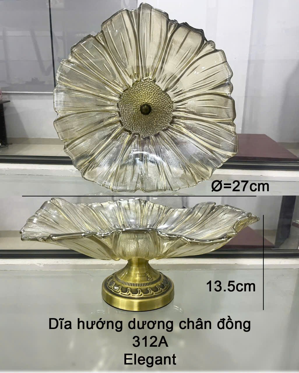 Dĩa hướng dương chân đồng cao cấp 312A / Dĩa kiểu màu vàng cao cấp - Dĩa to đẹp / dĩa đựng mứt tết