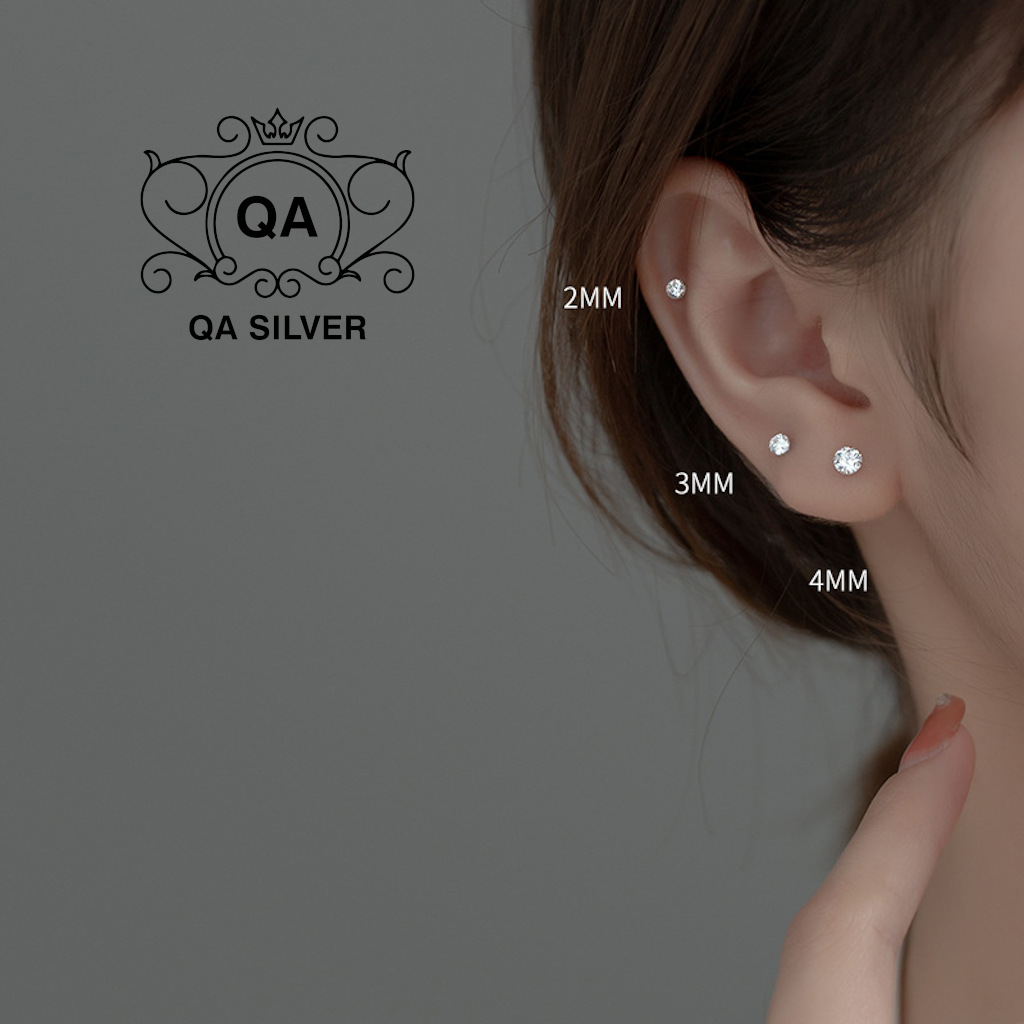 Bông tai bạc 925 đính đá đen trắng chấu khuyên nụ trơn nam nữ S925 BASIC QA SILVER Earrings EA170801