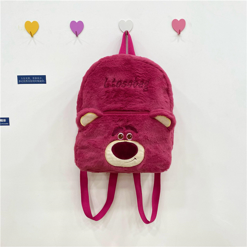 LS girl's plush cartoon backpack New Cute Strawberry Bear Large Capacity School Bag