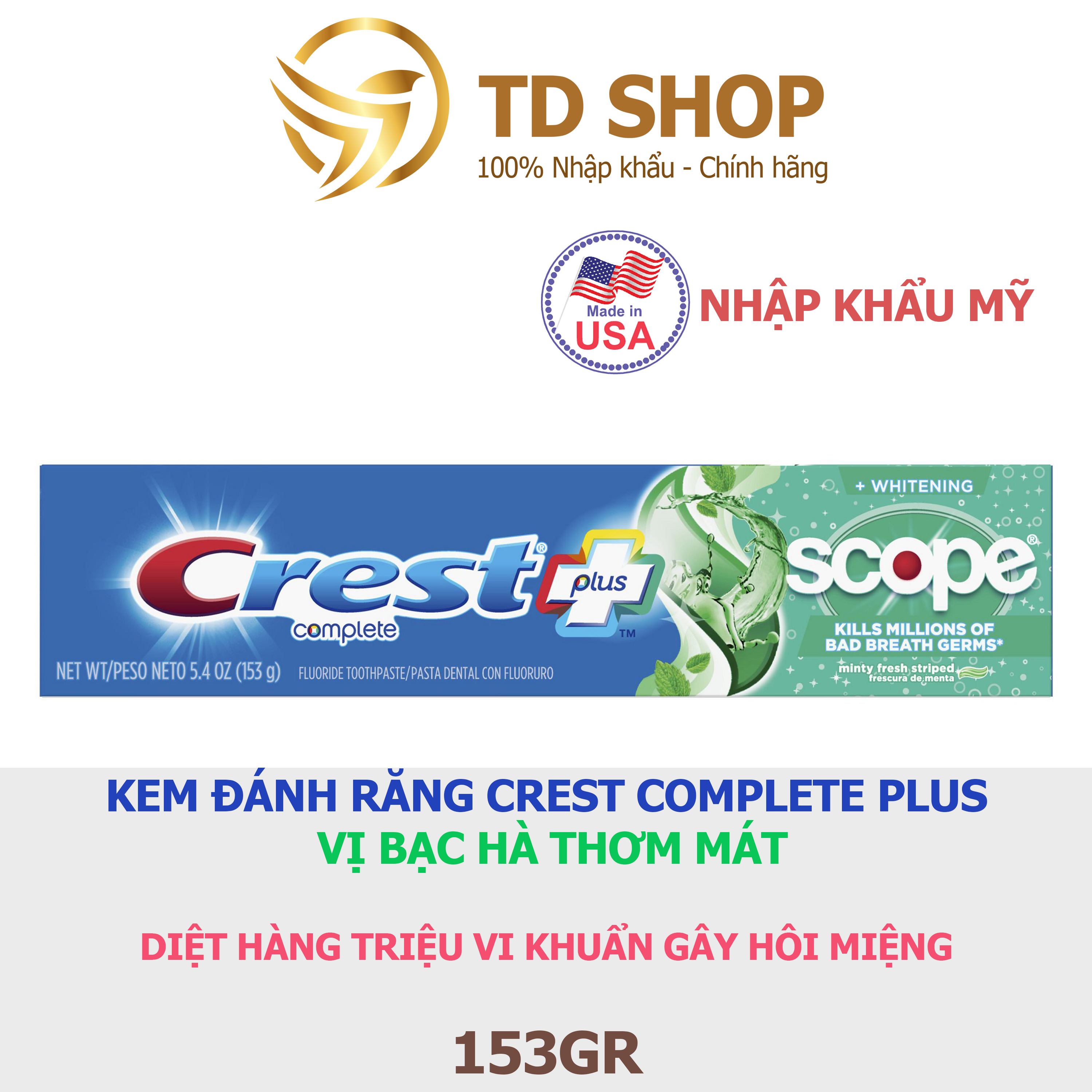Kem đánh răng Crest complete Extra Whitening Scope Advanced Freshness 232g - TD Shop