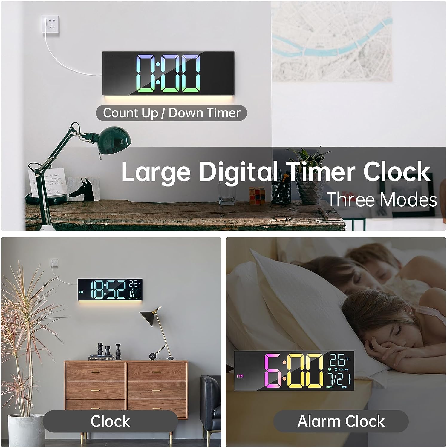 Digital Wall Clock, Large Screen 16.2 Inch Digital Wall Clock with RGB Color Changing Remote Control, Auto Brightness LED Clock Option - 1 Color.