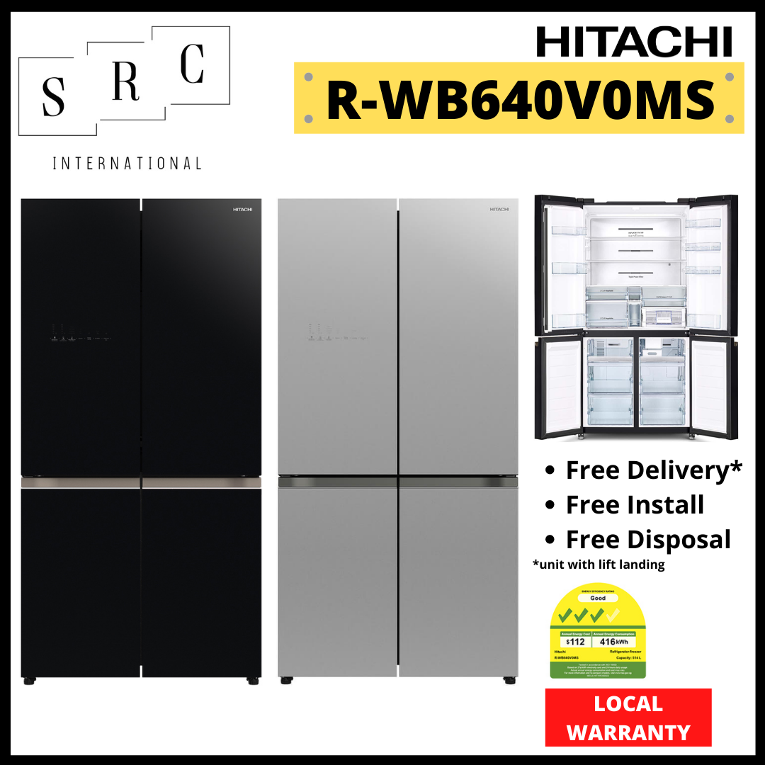 Hitachi RWB640V0MS French Bottom Freezer Deluxe Fridge, 569L (Gift RZ