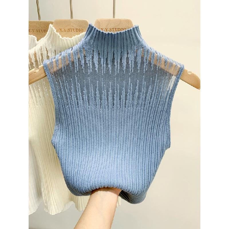 Sleeveless Women's T-shirt 2024 Autumn New High Neck Tank Top Short Casual Top