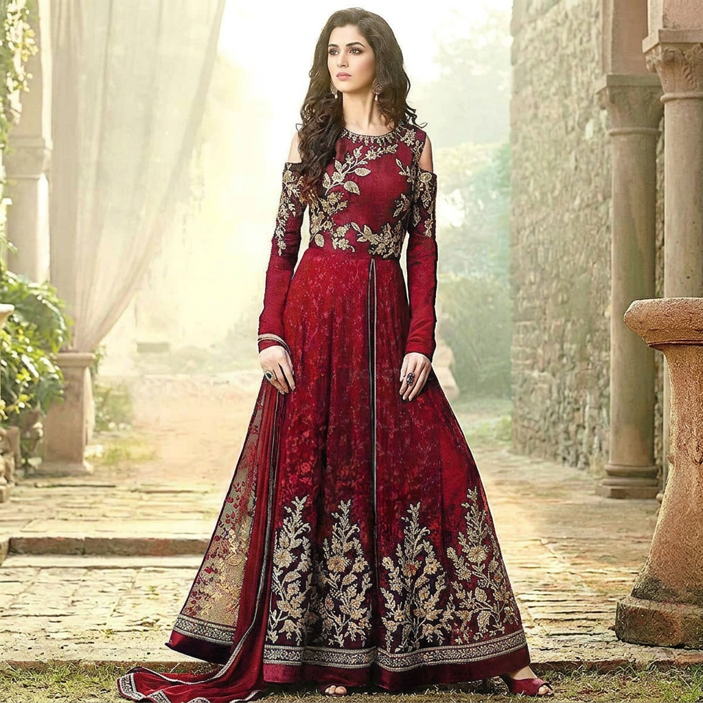 Chiffon Embroidered Maxi Dress 4-Side Embroidered Dupatta SM-07 Maroon