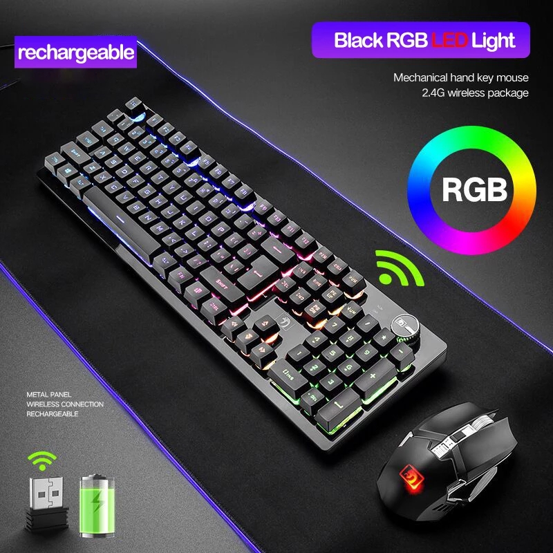 【High-quality】Recharging Mechanical Keyboard Wireless Gaming Keyboards RGB Backlit Wireless Mouse 2400dpi Pc Gamer Keypad. 