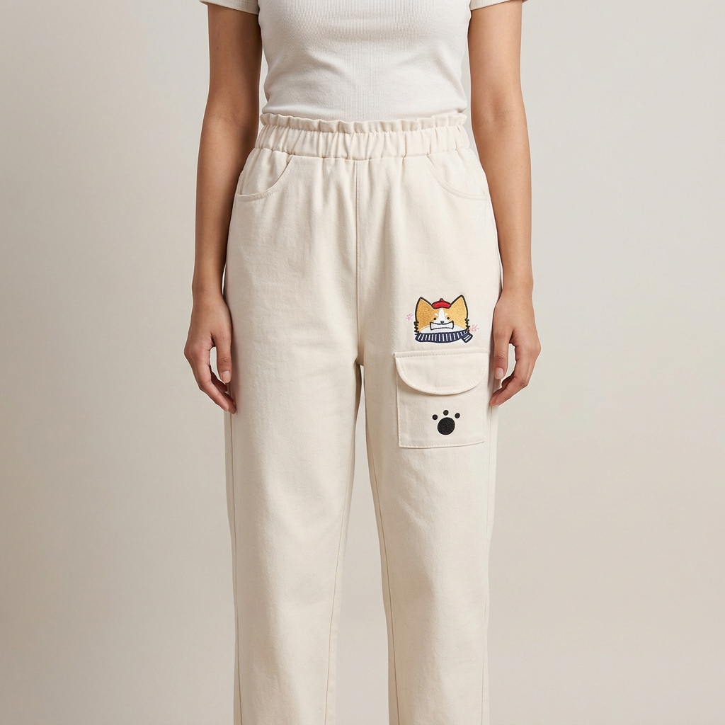 New Girls' High Waist Cat Printed Pocket Trousers Good Quality