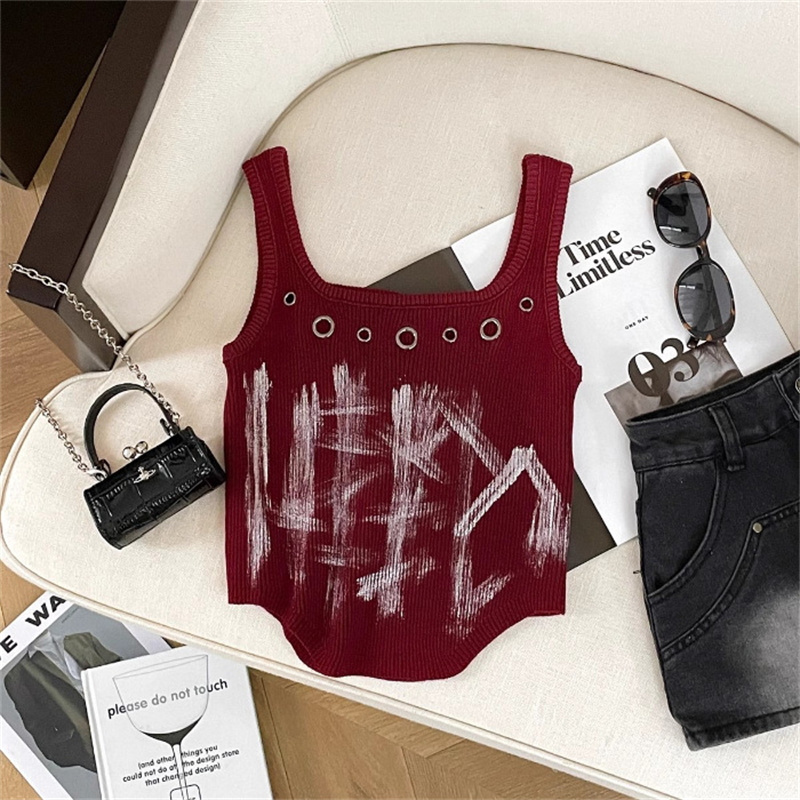 MAOZHUXIA Tank Top Cool Short Fit Graffiti Hollow out Fashionable Square Neck Open Waist Sleeveless Knitted Top