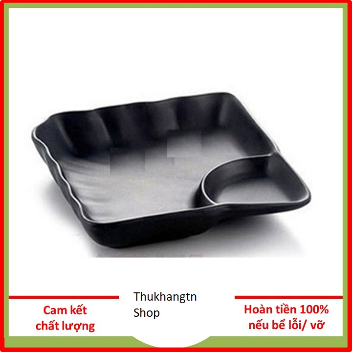 Đĩa nhựa phíp vuông, dĩa melamine có ngăn đựng nước chấm màu đen tiện lợi