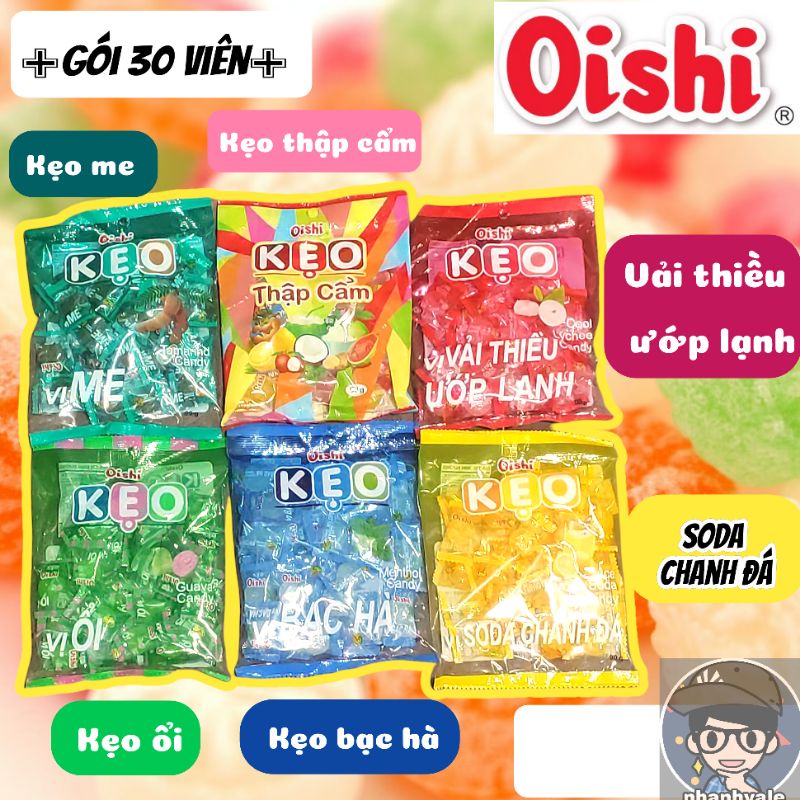 Gói 30 viên Kẹo Oishi gói 90g vị Ổi Bạc Hà Me Soda Chanh Đá Thập cẩm Vải