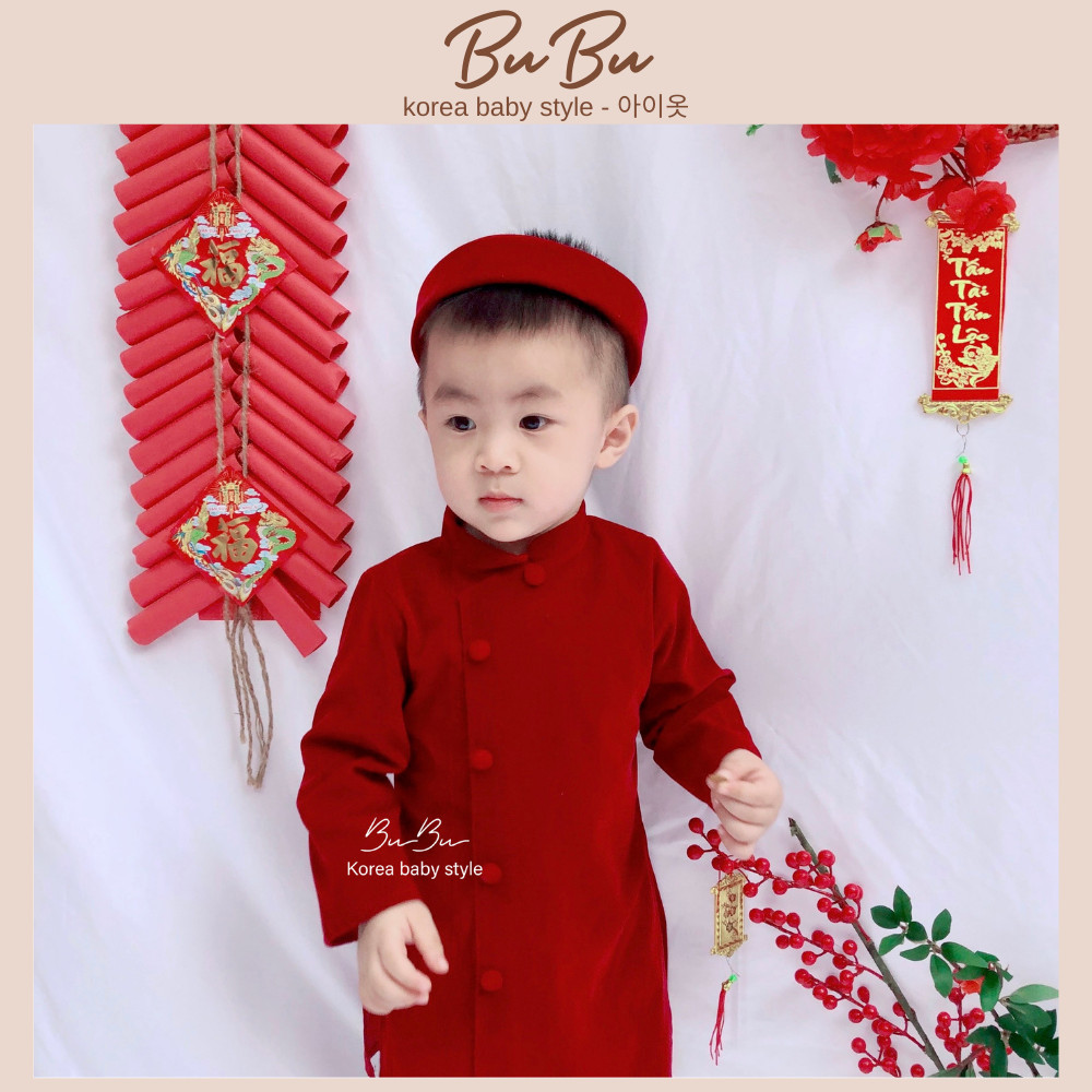 Áo Dài Nhung Thiết Kế Cho Bé Trai (Kèm Quần Lụa Và Mấn)
