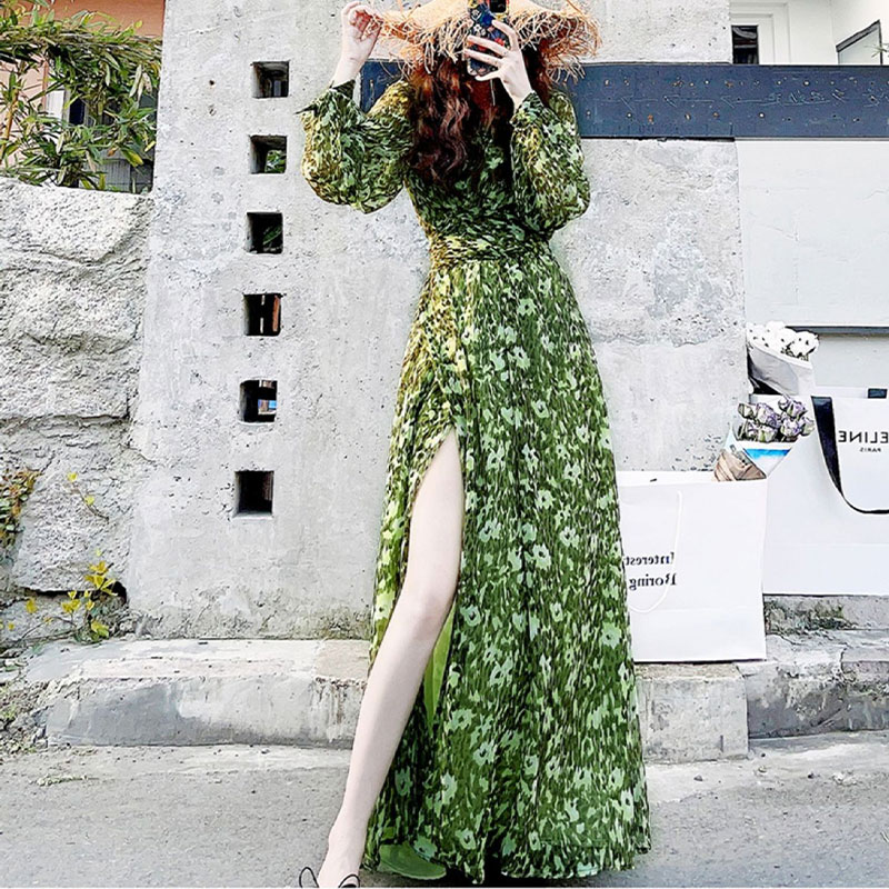 DuYan V-neck slit long sleeve dress