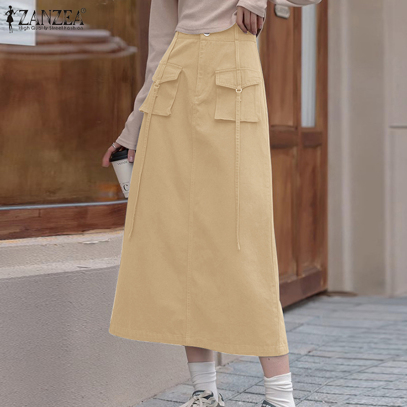 Rulfepy ZANZEA Korean Style Womens A-Line Cargo Skirt Fashion Loose Webbing Stitching Plain Midi Overskirts #10