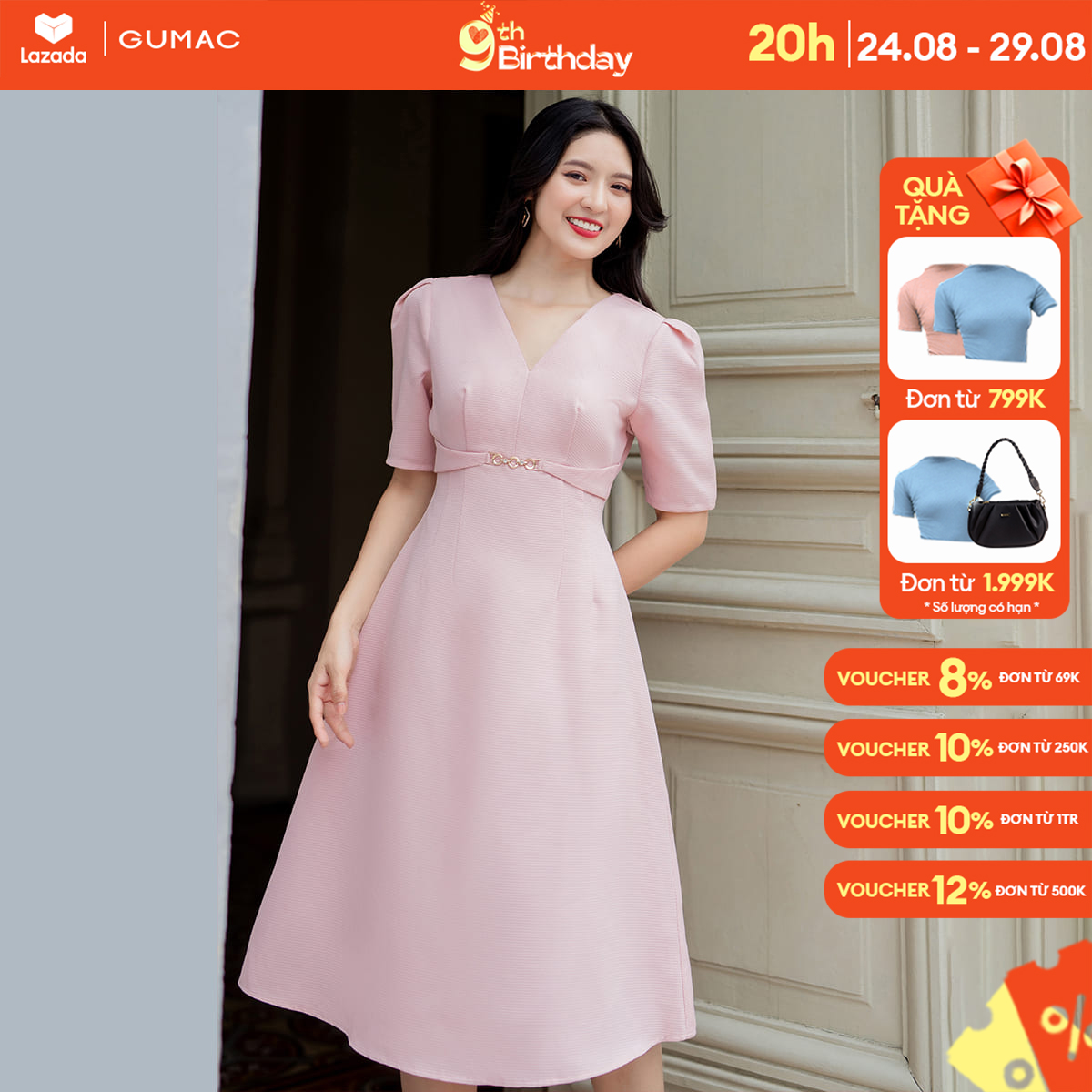 Đầm a phối phụ kiện thời trang gumac dd07045