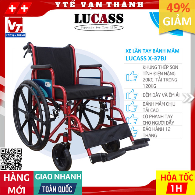 ✅ xe lăn tay có đệm ngồi, bánh mâm, khung sơn, có thắng lucass x-37bj | -vt0921 - y tế vạn thành