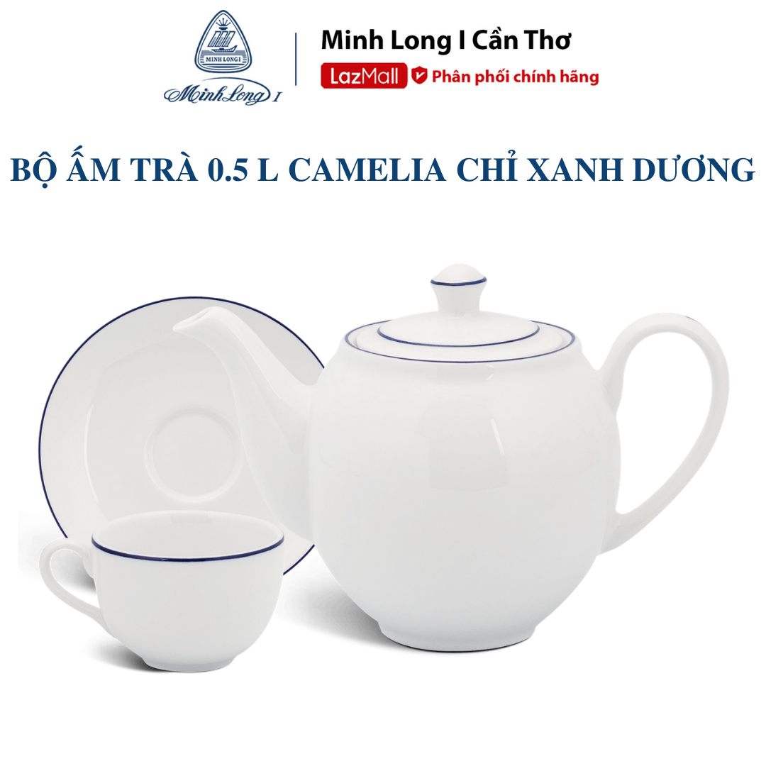 Bộ trà minh long 0.5 - 0.8 l camellia chỉ xanh dương - gốm sứ cao cấp minh long i