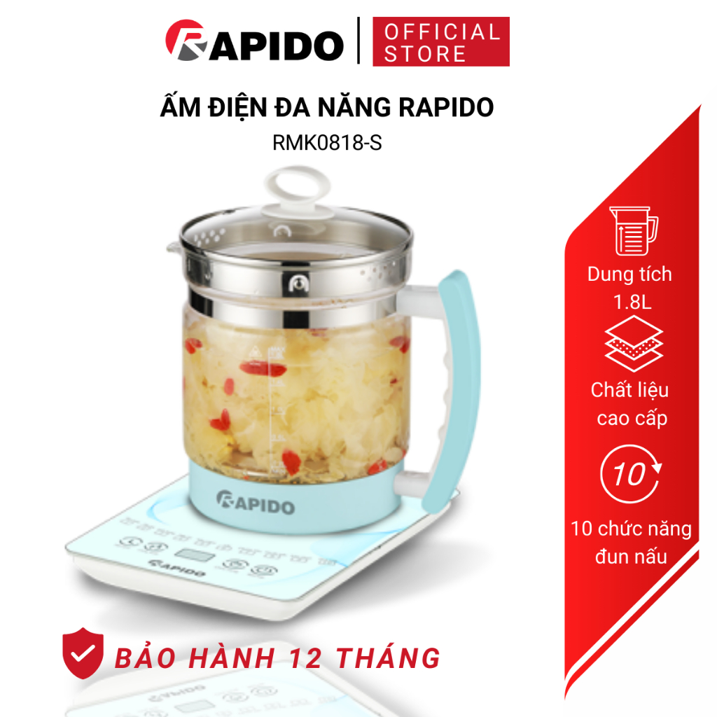 Ấm điện đa năng 1.8l rapido rmk0818-s , bình siêu tốc thủy tinh chịu nhiệt, bh12 tháng
