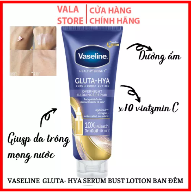 Sữa dưỡng thể Vaseline Healthy Bright Gluta-Hya 10X Serum Burst Lotion Overnight Radiance Repair (Xanh),trông mọng nước và sáng như được bổ sung nước cho da 300ml