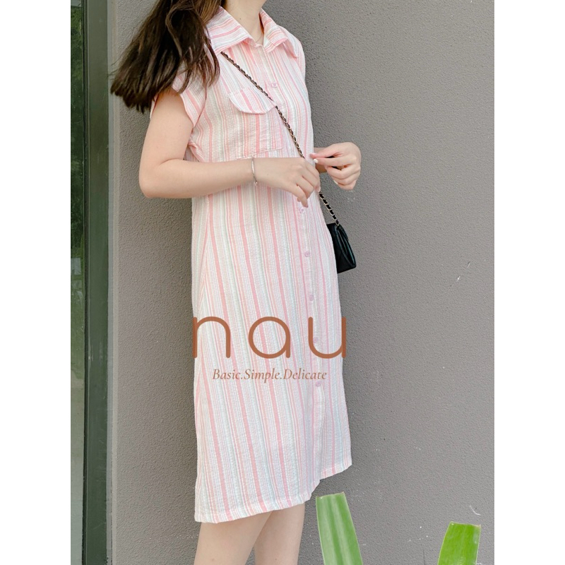 Đầm sọc cổ sơ mi dáng chữ A kèm dây eo