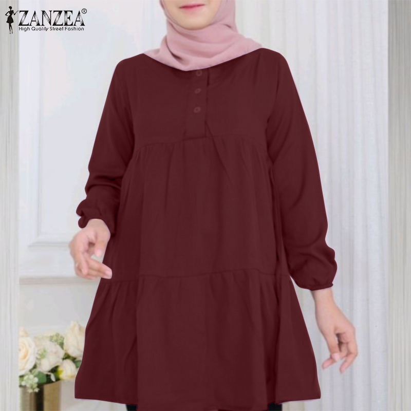 ZANZEA Fashion Women Long Sleeve Solid Long Tops Tunic Vintage