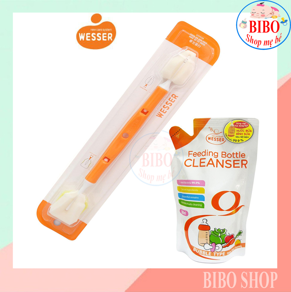 Combo nước rửa bình sữa wesser rửa rau củ và phụ kiện, an toàn cho bé dạng túi 500ml và cọ đa năng
