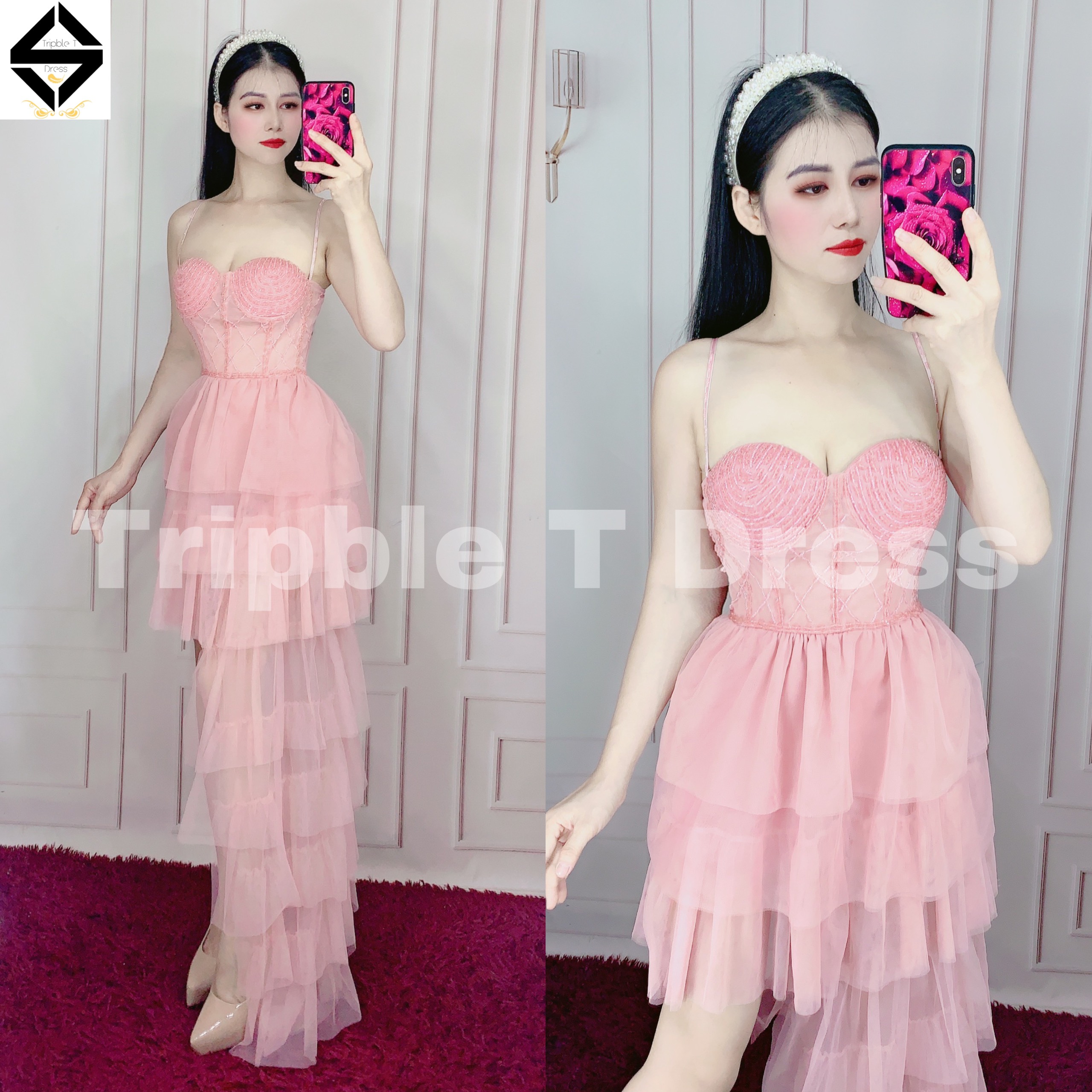 Đầm maxi dự tiệc dài xếp tầng chất lưới có lót trong TRIPBLE T DRESS - size M/L - MS277V