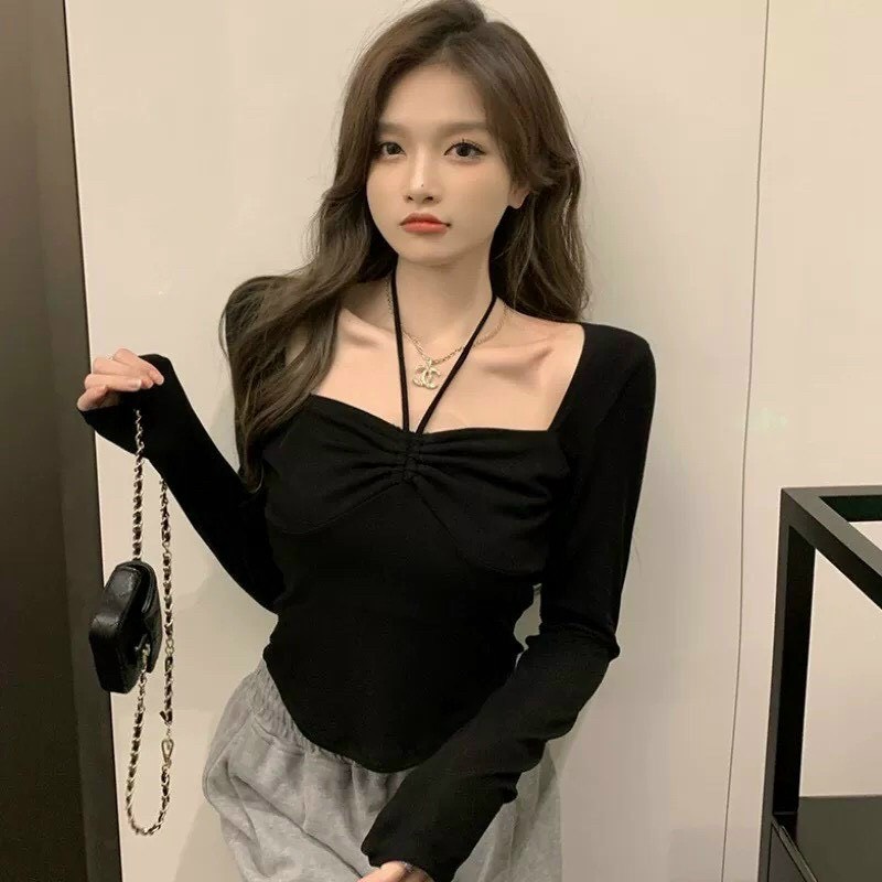 Áo thun gân cổ vuông croptop tay dài 2 dây choàng cổ rút dây MC106