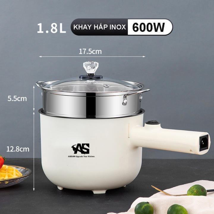 Nồi Lẩu Mini Cắm Điện Đa Năng AGISAN Có Xửng Hấp Dung Tích 1.8L, Nồi Điện Mini Đa Chức Năng 600W Có Tay Cầm Chống Bỏng, Bếp Điện Mini Chuyên Rán…