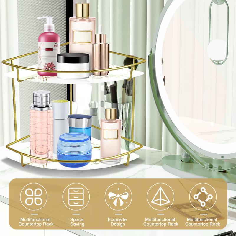 Tam giác kim loại truy cập kệ để góc phòng 2 tier góc kệ phòng tắm organizer kim loại truy cập kệ để góc phòng với cẩm thạch khay thủy tinh vanity organizer 2 tier góc kệ phòng tắm organizer tiết kiệm không gian góc chăm sóc da tổ chức