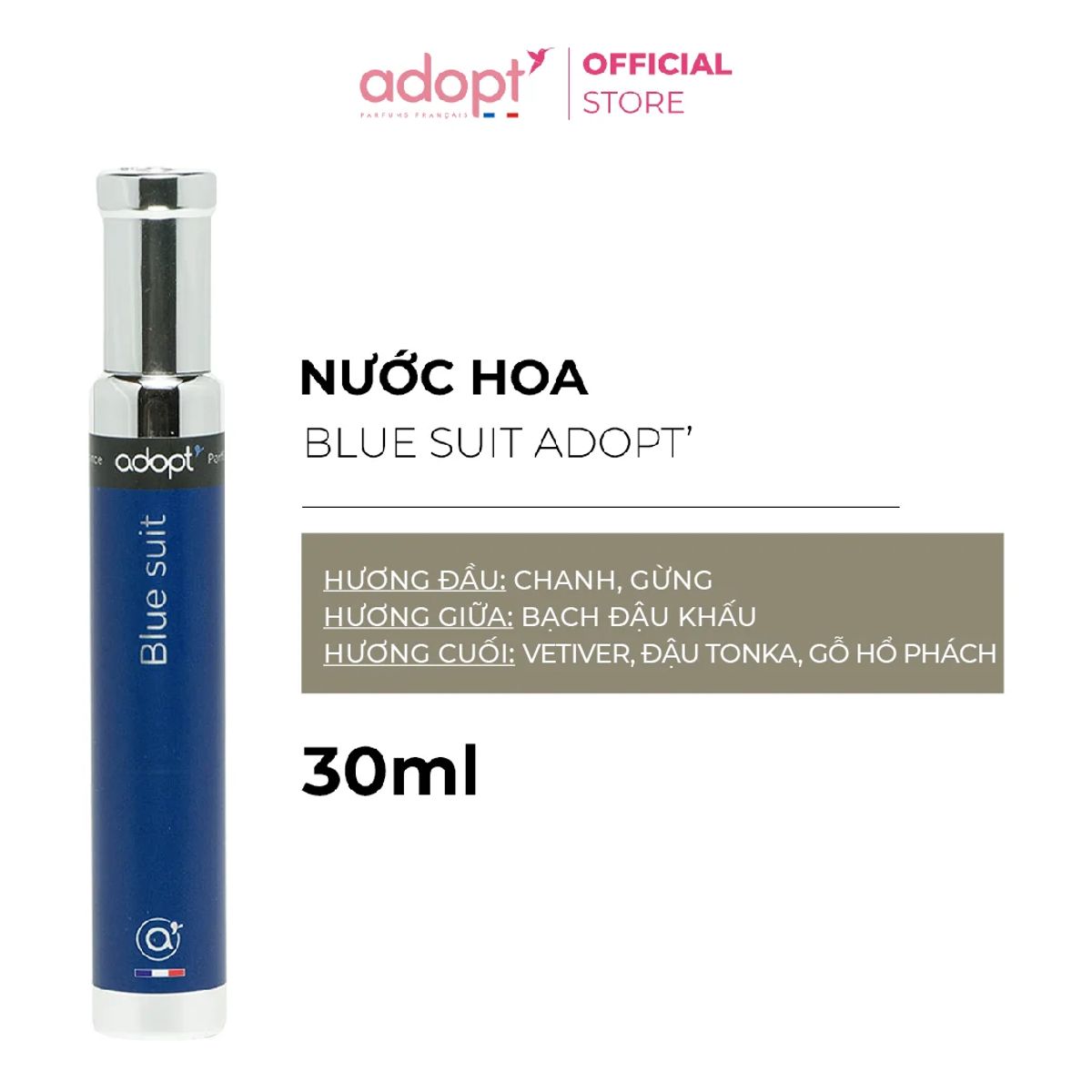 Nước hoa nam blue suit 30ml - adopt' hương chanh, gừng, bạch đậu khấu, cỏ vetiver, đậu tonka, hổ phách