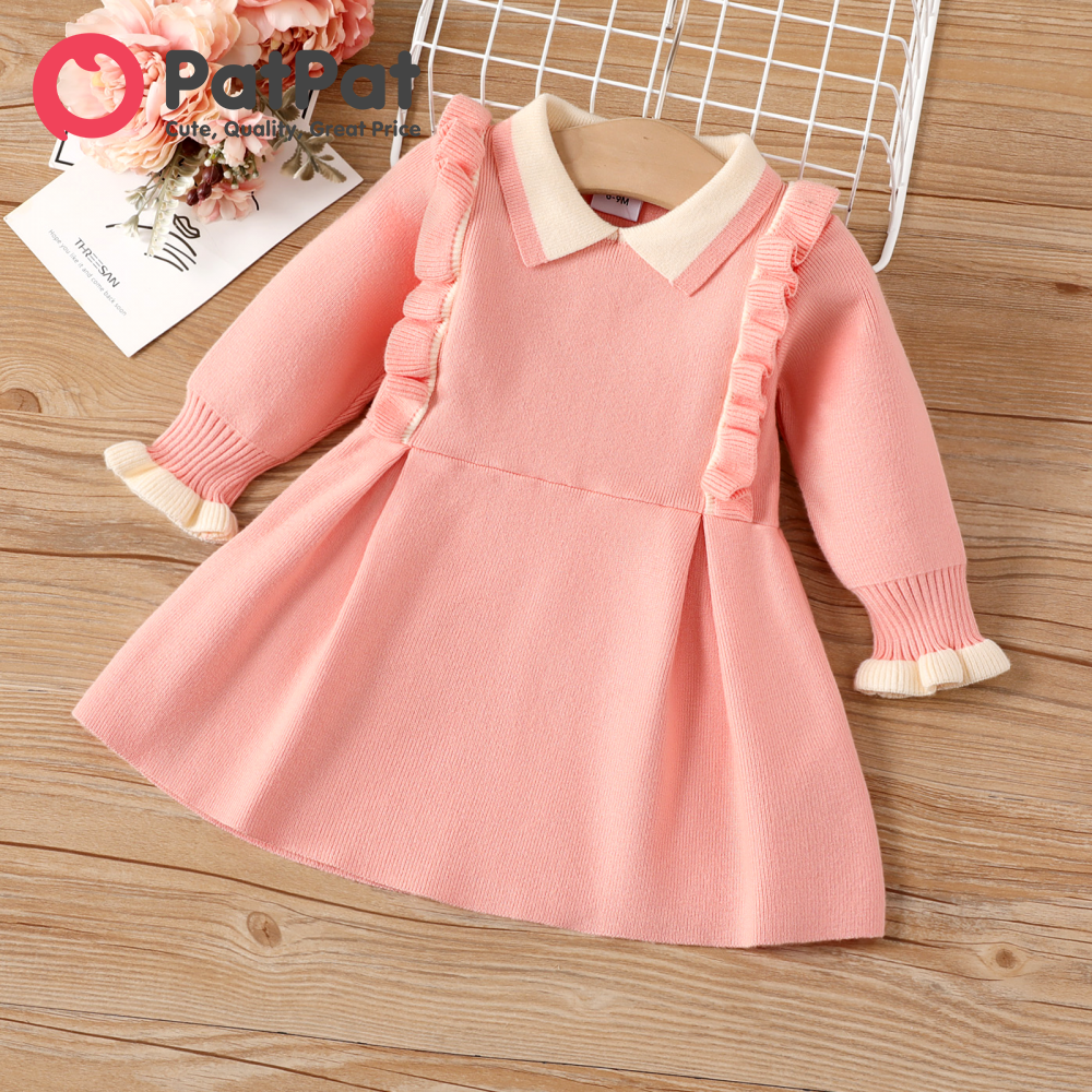 PatPat Sweet Ruffle Edge Baby Girl Dress Set, 1pc, Medium Thickness, Solid Color, Long Sleeve