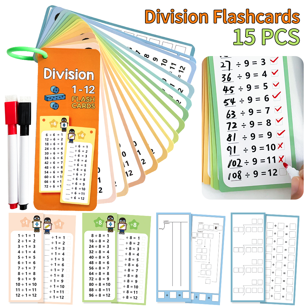 Division Flash Cards Times Table Flash Cards（15 Cards with 2PCS Dry ...
