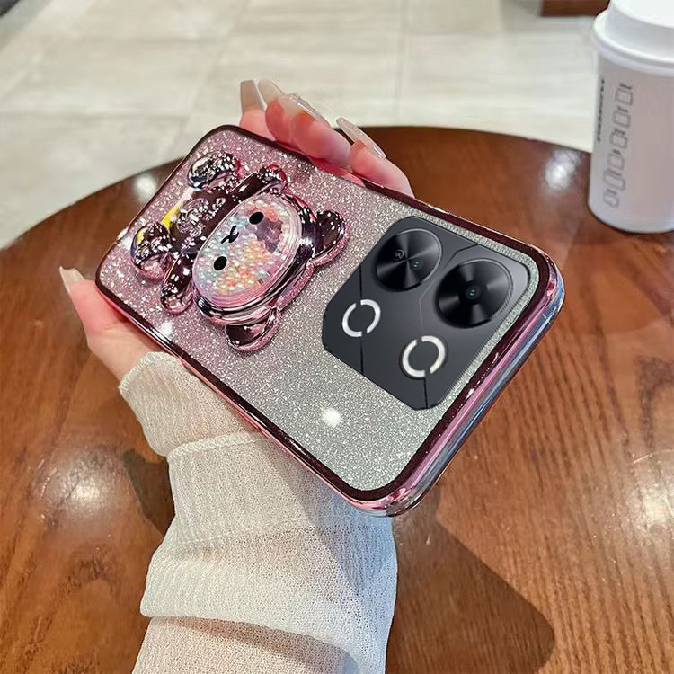 New Phone case itel P55 P70 P65 Back cover with Gradient 3D Bear Folding Stand Bracket Luxury Slim 6D Plating Glitter Girls for itel P70 P55 P65 case. 