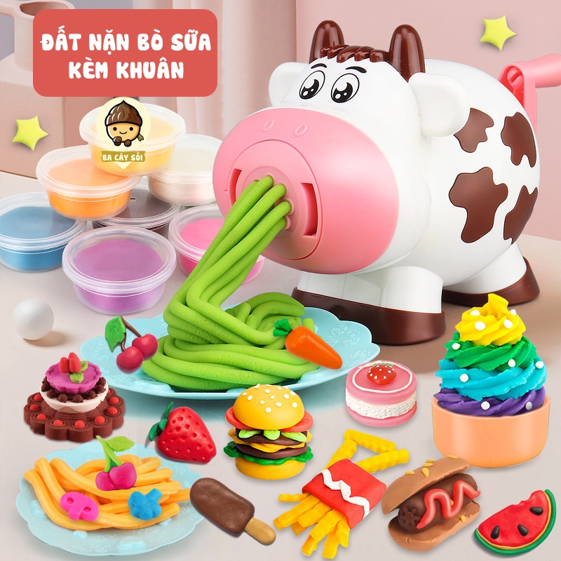 Đất nặn an toàn cho bé, bộ đất nặn bò sữa với 8 hộp màu và nhiều khuôn nặn đa dạng làm mỳ làm kem vô cùng thích thú