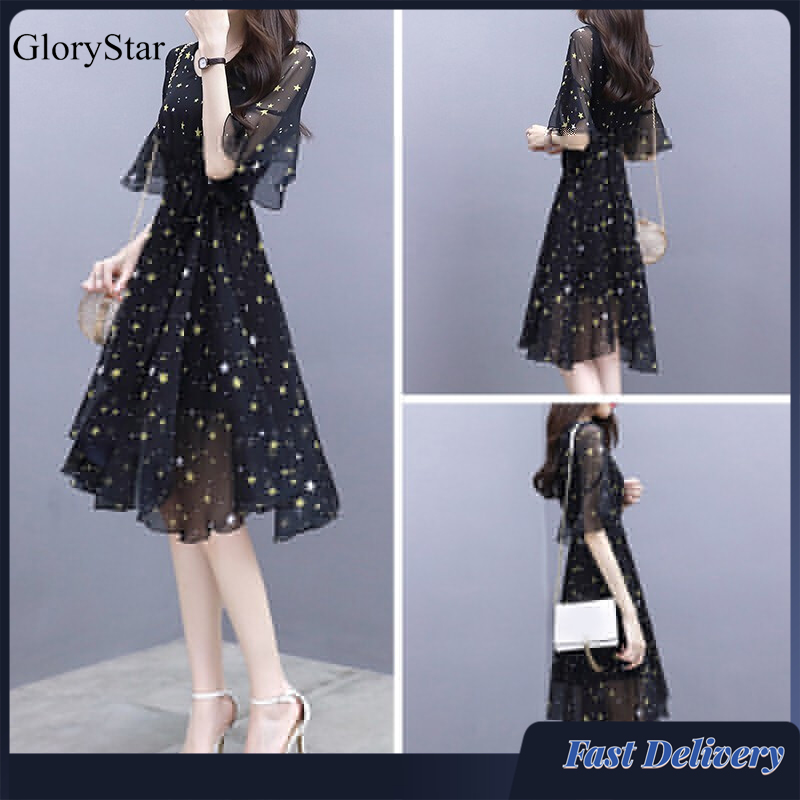 GloryStar Summer Slim V-neck Ribbon Dress Elegant Star Flare