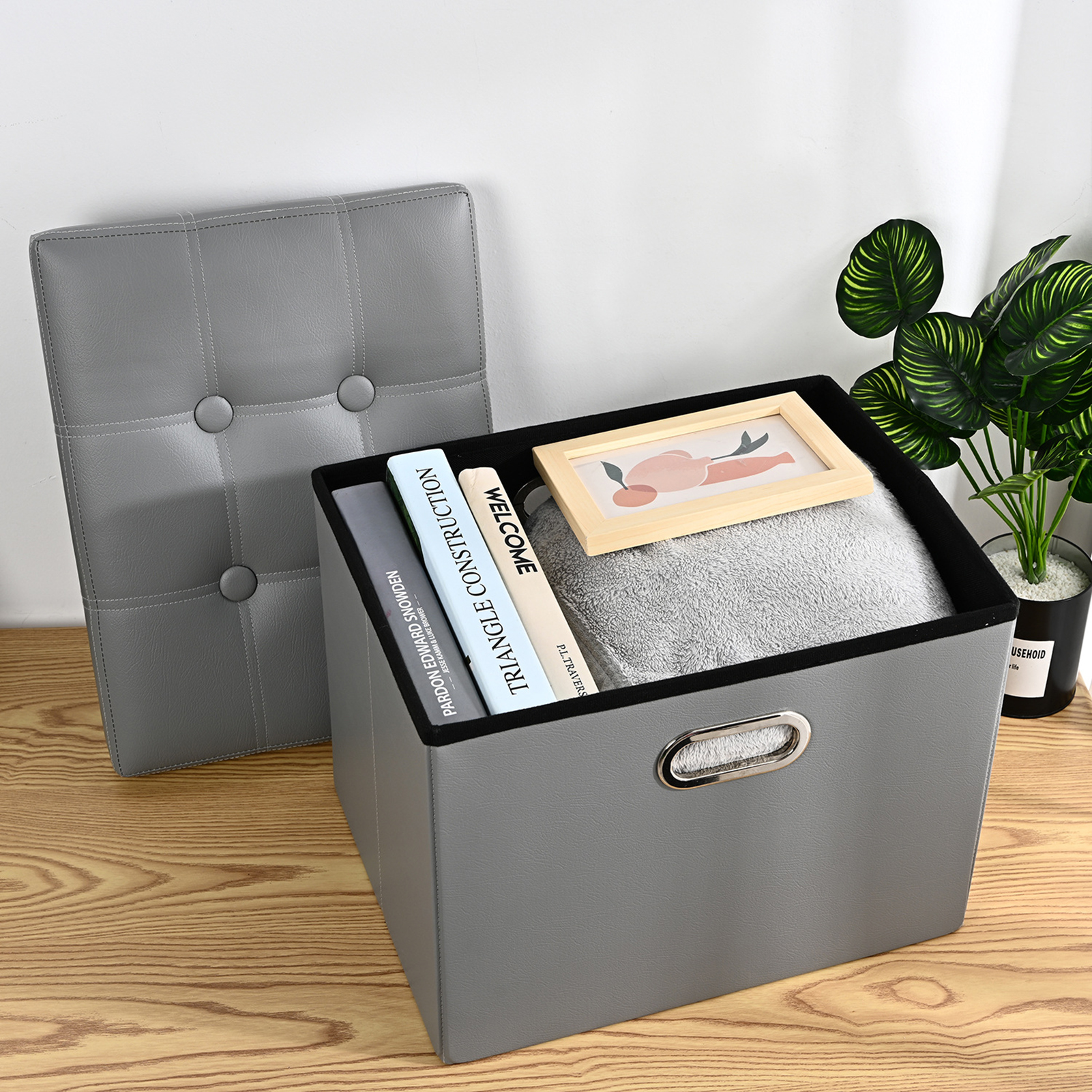 Storage Stool with Handle Foldable Strong Load Bearing Faux Leather Versatile Storage Ottomans Cube Seat