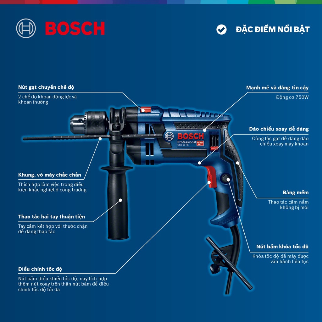 Máy khoan động lực Bosch GSB 16 RE (Hộp nhựa)