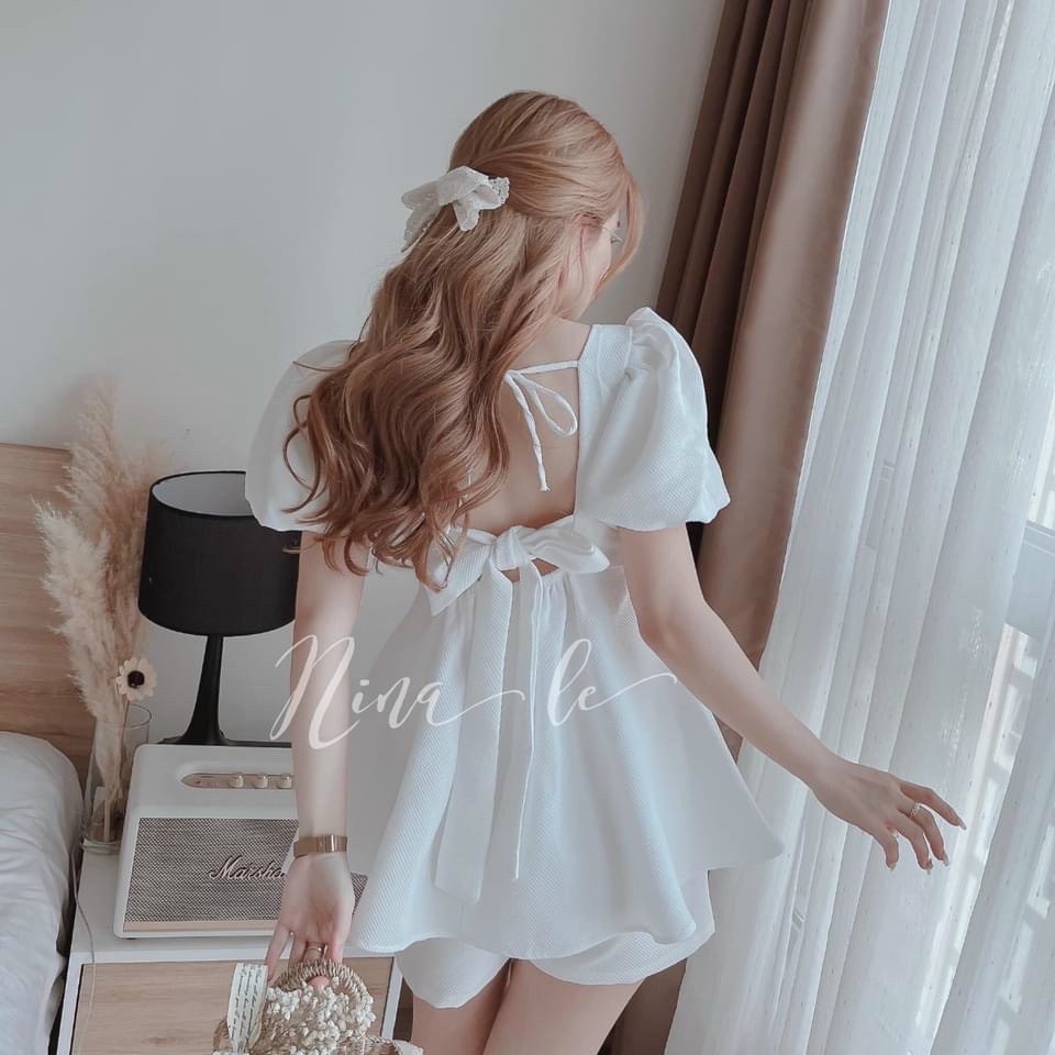 [Miễn phí ship] Set Áo Kiểu Gấm Nữ Babydoll Tay Bồng Nơ Lưng Tiểu Thư Bánh Bèo Kèm Quần Short Đi Biển Ulzzang Hàn Quốc