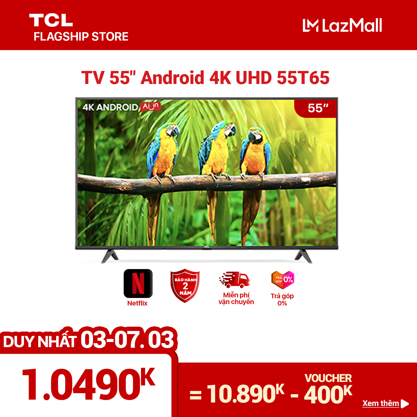 55” 4K UHD Android Tivi TCL 55T65 – Gam Màu Rộng , HDR , Dolby Audio – Bảo Hành 2 Năm , trả góp 0%