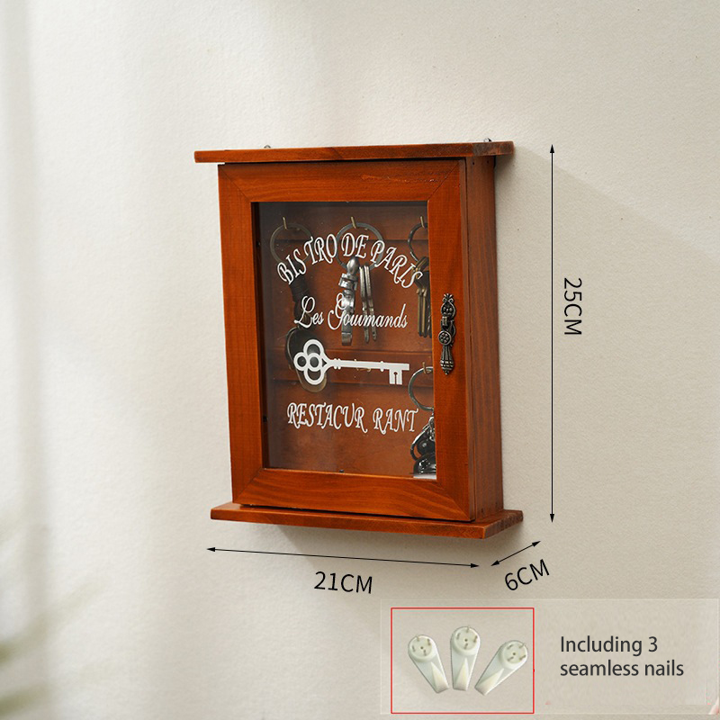 Entry Wooden Wall Mounted Key Organizer Home Vintage Storage Box Dustproof with Door Key Storage Hooks