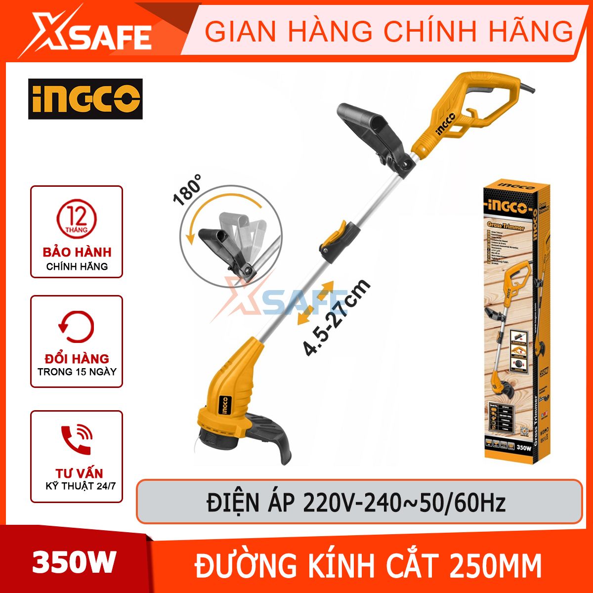 Ingco gt3512 350W grass trimmer, handheld grass trimmer with 11000rpm idle speed 250mm grass trimmer for Park