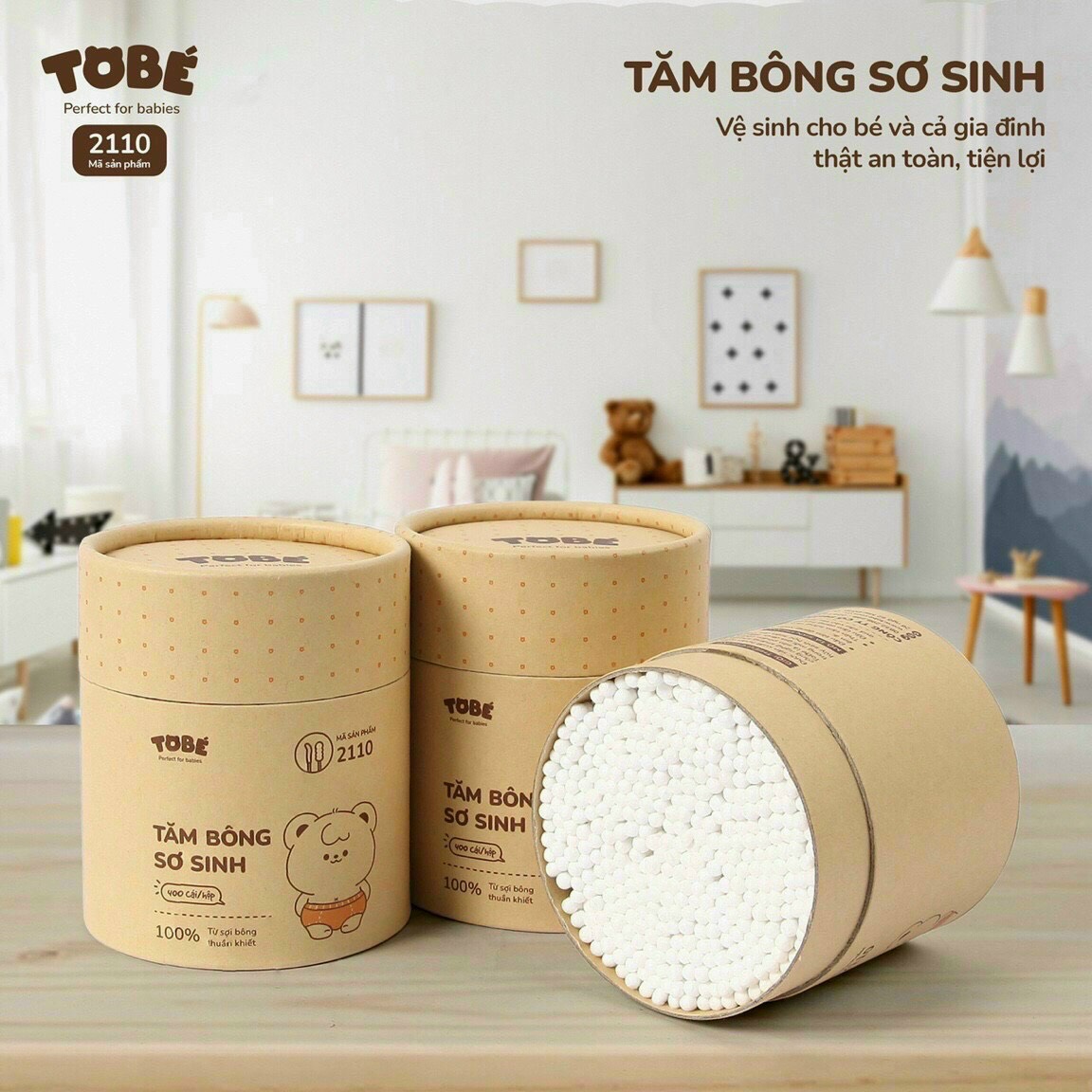 Tăm bông TOBE đầu nhỏ cho bé sơ sinh Hộp 400 chiếc, được làm từ 100% sợi bông thuần khiết rất an toàn với trẻ sơ sinh