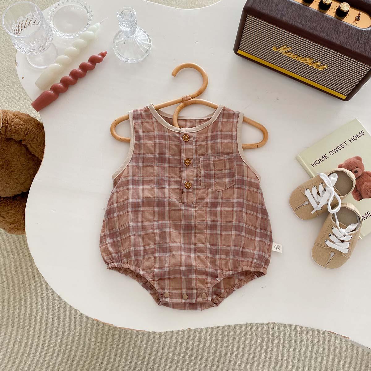Summer Baby Jumpsuit Causal Plaid Style Baby Girls Baby Boys 2 Colors Shortsleeve Jumpsuit Baby Clothes 0-2 Years Old
