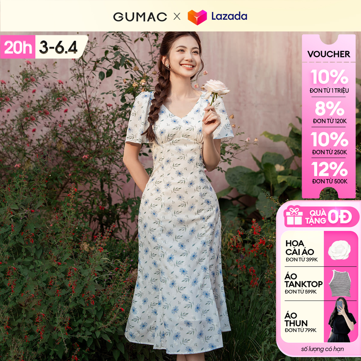 Đầm nữ đuôi cá cổ V thời trang GUMAC DE03018