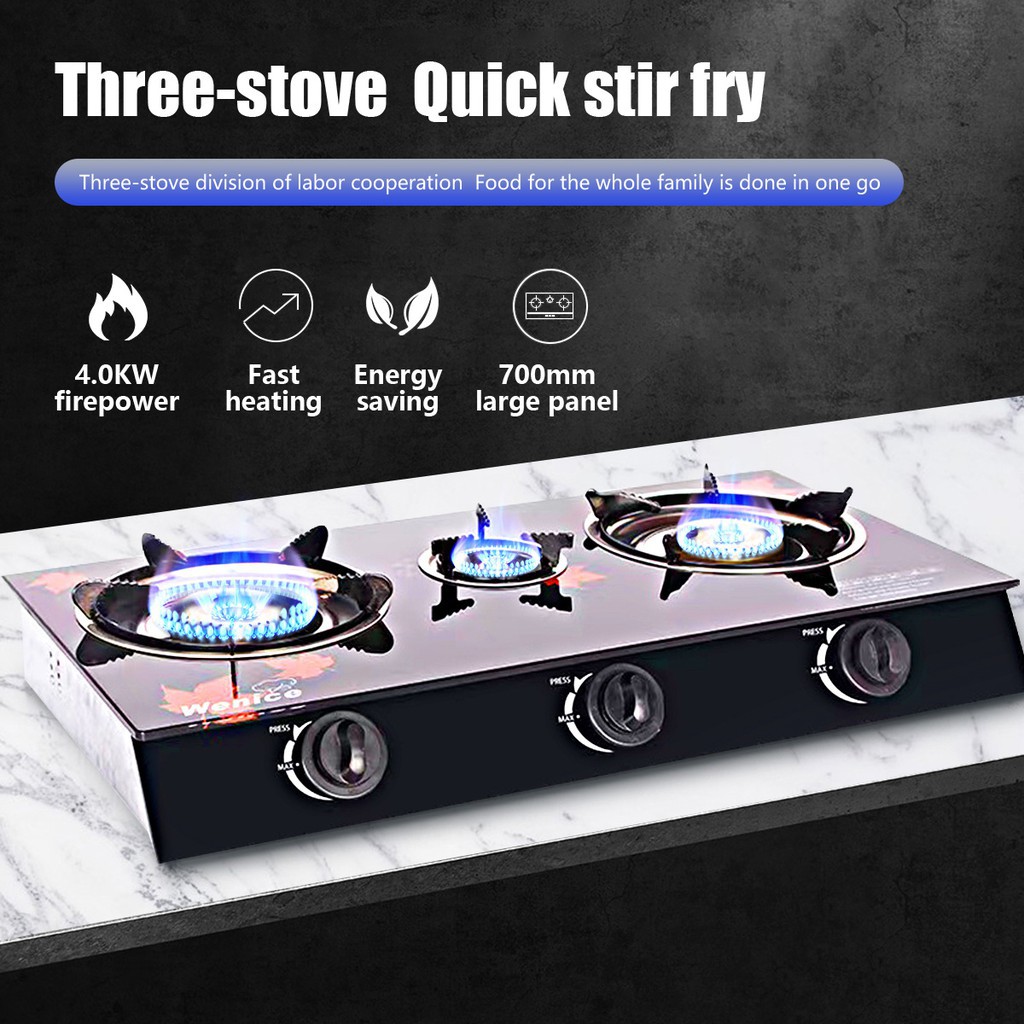EH (4.0KW) Firepower Design ThreeBurner Gas Stove Tempered Glass Top Surface Stainless Steel