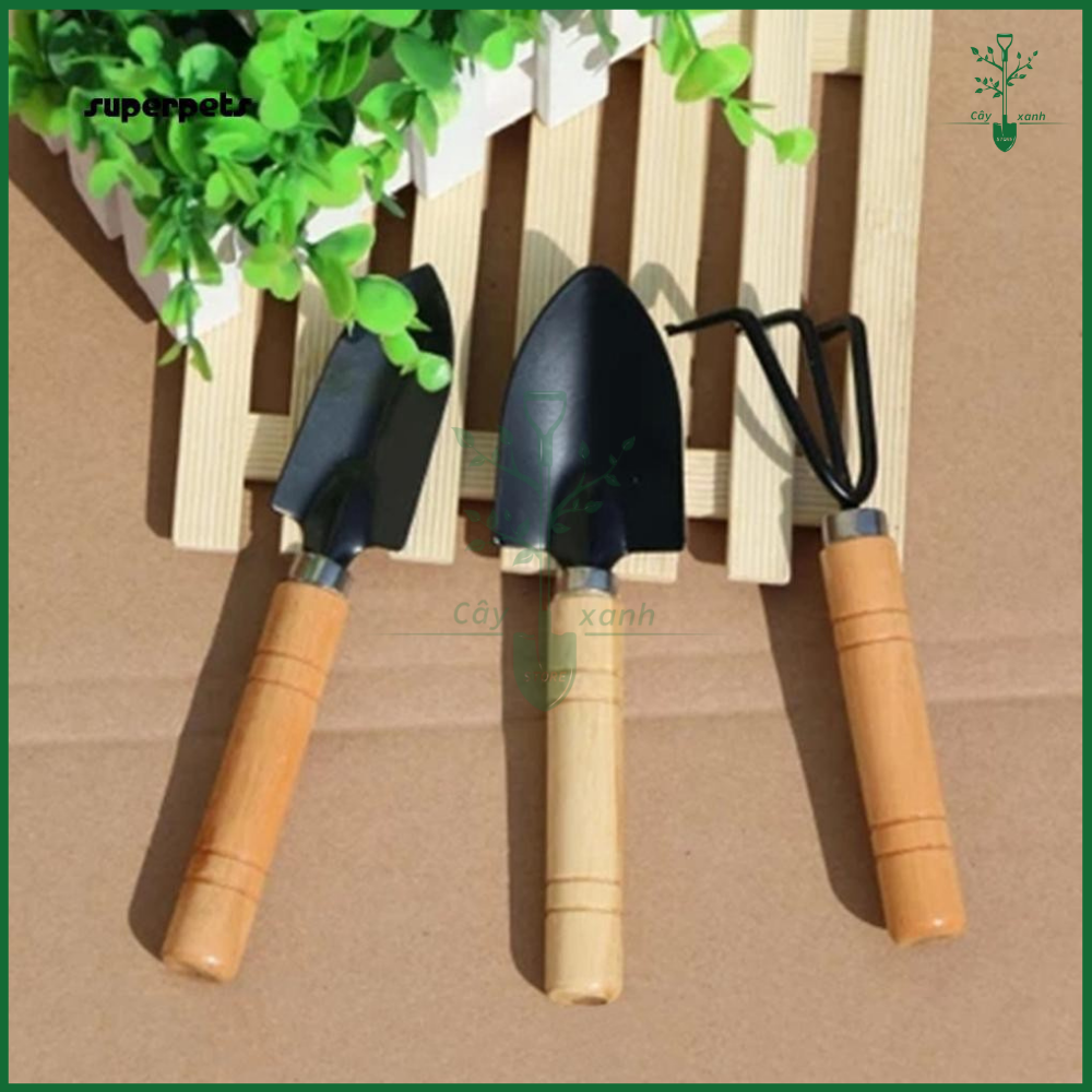 Dụng Cụ Làm Vườn 3 Món Cán Gỗ Mini Loại Nhỏ