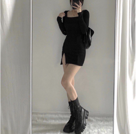 Đầm body thun xẻ đùi tay dài quyến rũ cho nữ phong cách basic