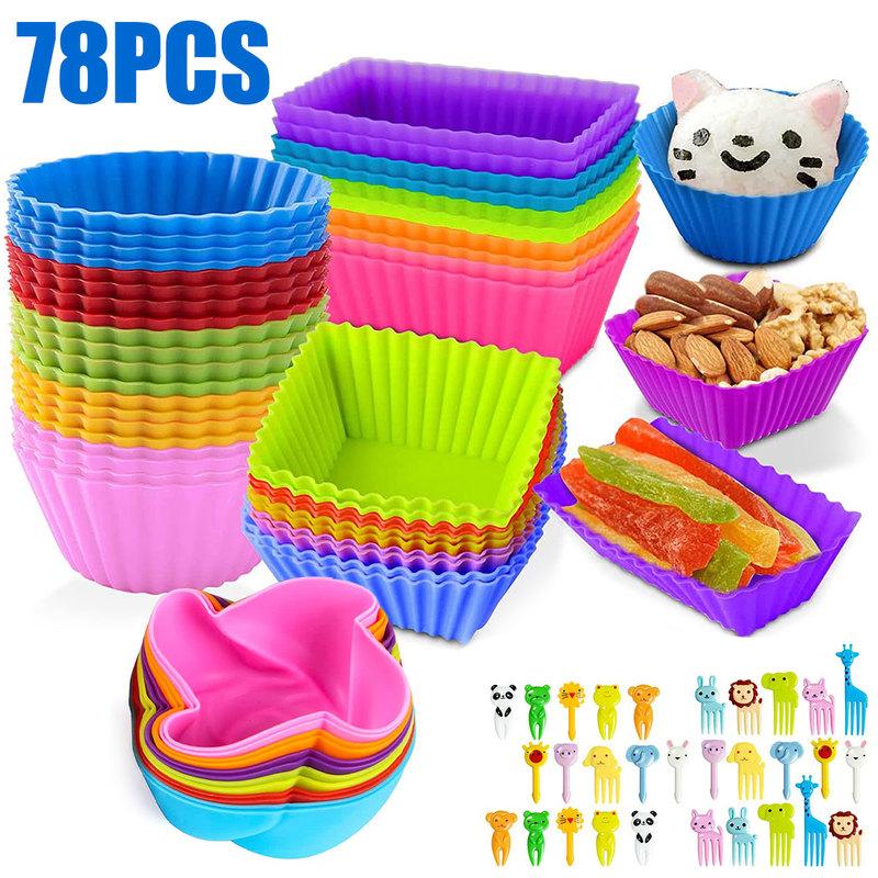 78Pcs Lunch Box Dividers with Food Picks Non-Stick Silicone Cupcake Liners  Heat Resistant Muffin Baking Cups Reusable Cake Molds Set Dishwasher Safe  for Home Kitchen Baking 
